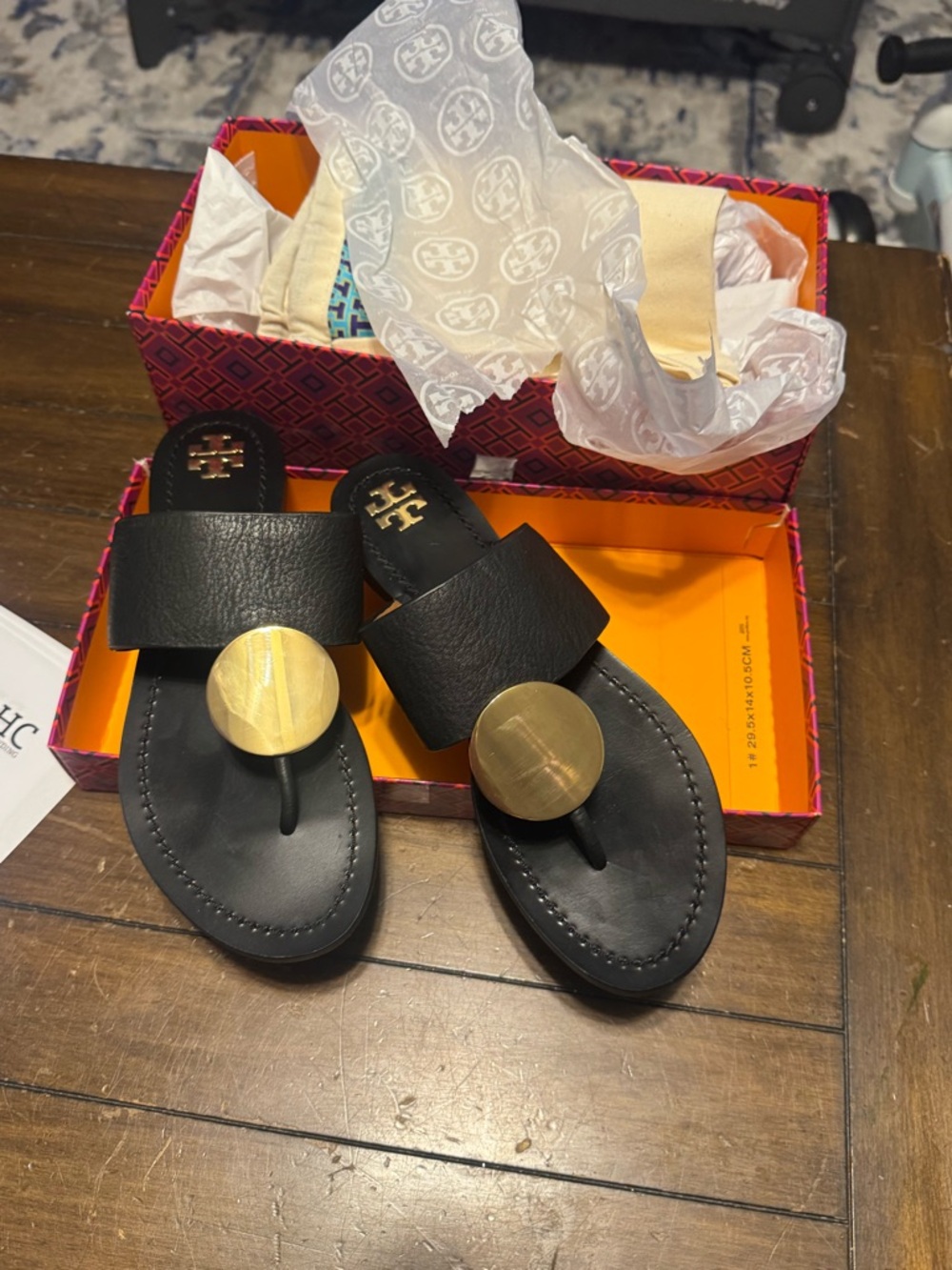 Tory Burch Patos Disc Black Leather Sandals medallion see video 8